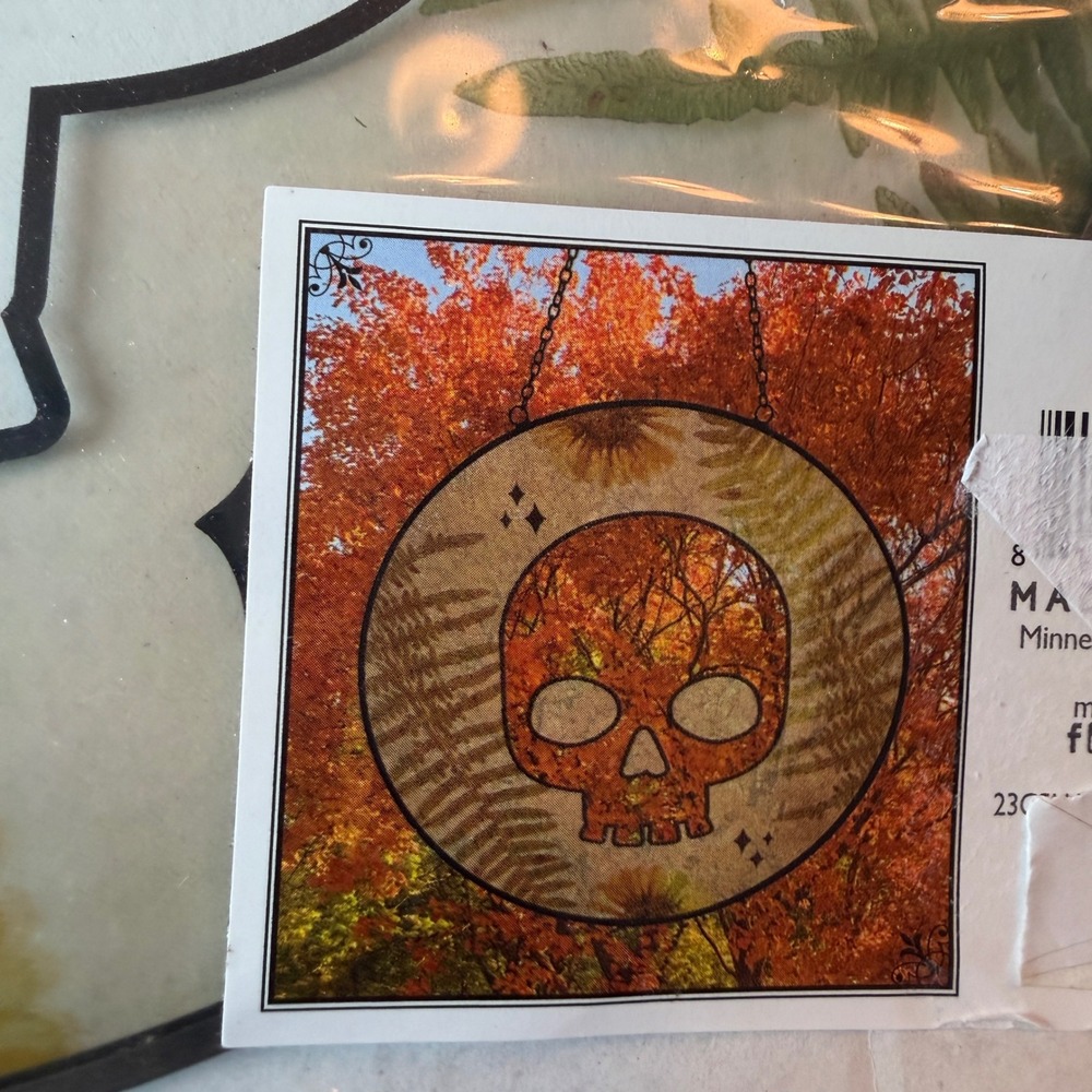 Stained Glass Skull Suncatcher Autumn Leaves Ferns Halloween Decor Boho